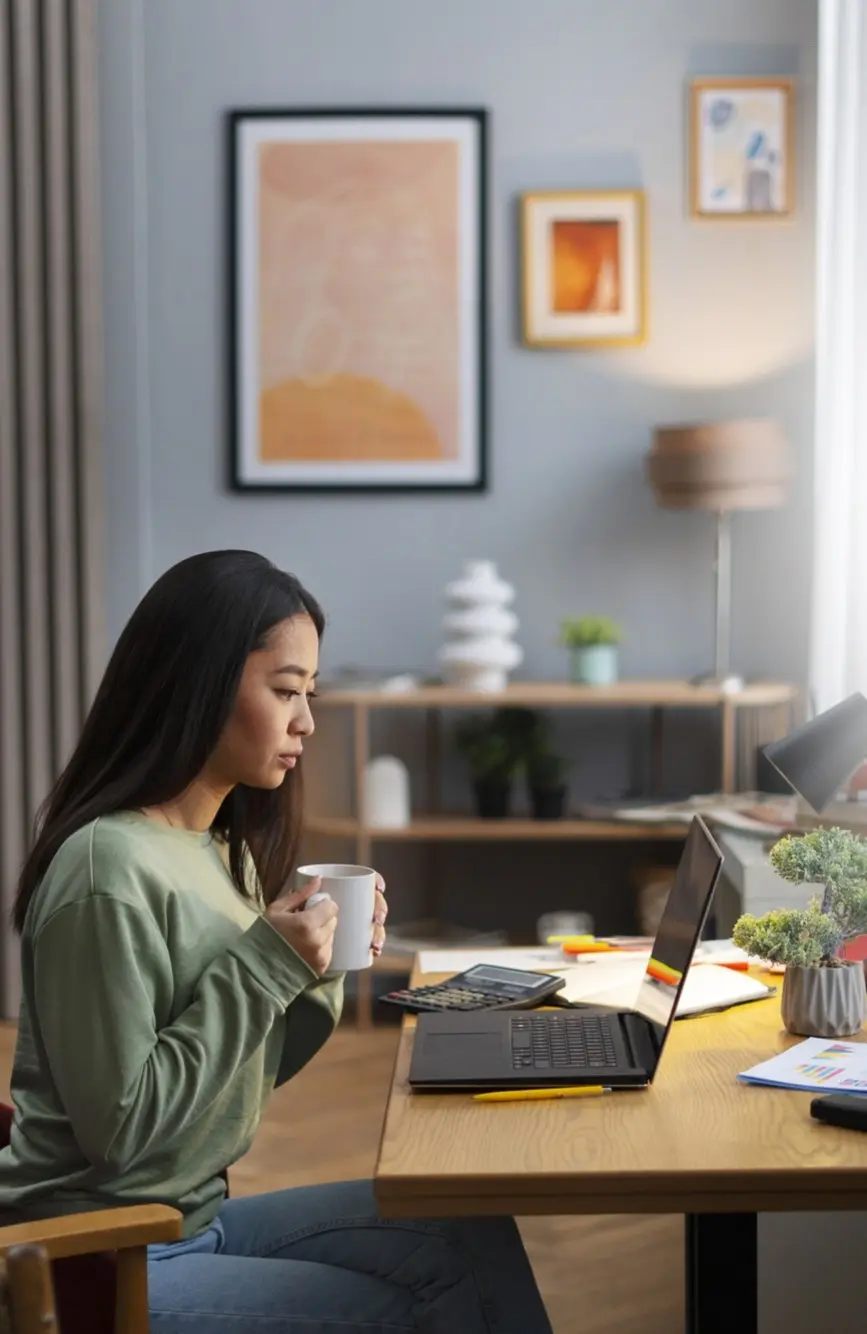Femme travaillant depuis chez elle, concentrée et utilisant son ordinateur portable dans un environnement de bureau à domicile.